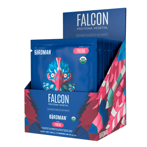 Falcon Protein - Proteína Vegana Orgánica en Polvo - Fresa 12 Pack Sobres